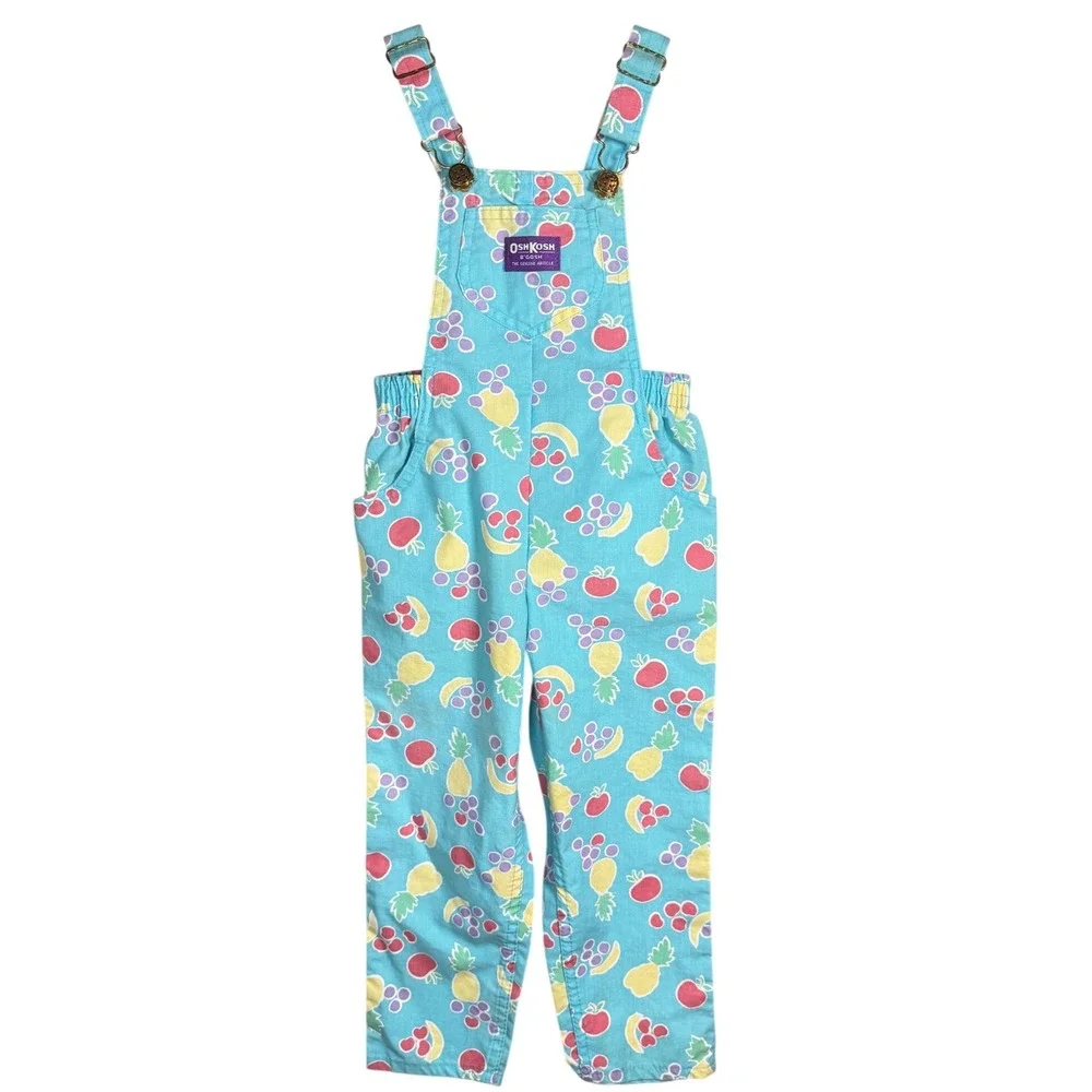 Vintage OshKosh Bgosh Fruit Print Overalls Kids Turquoise Vestbak USA Made Sze 5